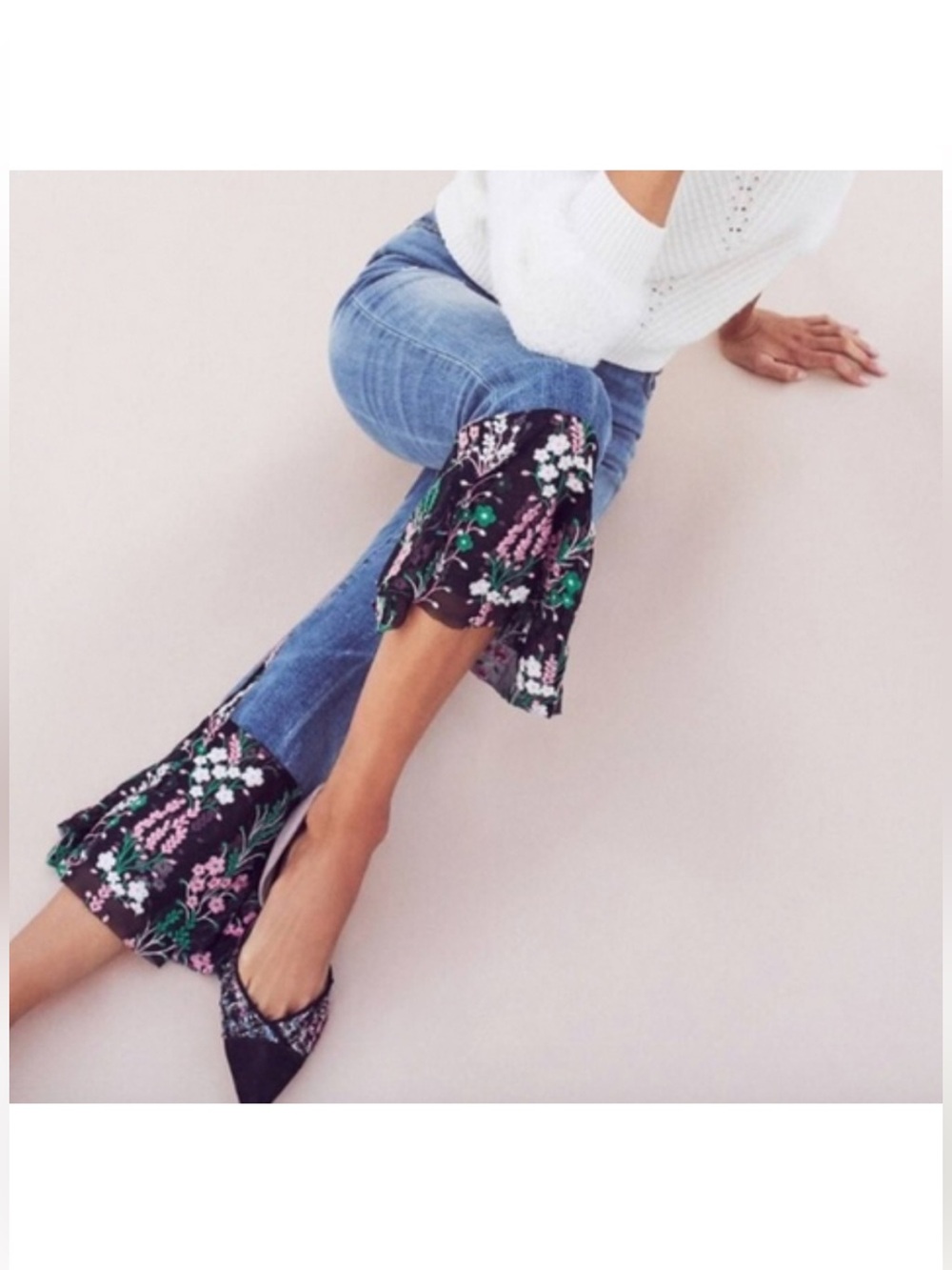 Anthropologie Pilcro Letterpress Boho Floral Flounce Cropped Jeans 29 Mesh Tulle